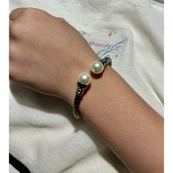 🌈 Iridescent Pearl Cuff Bracelet – Stainless Steel Rainbow Cable Design” - Picture 15 of 16